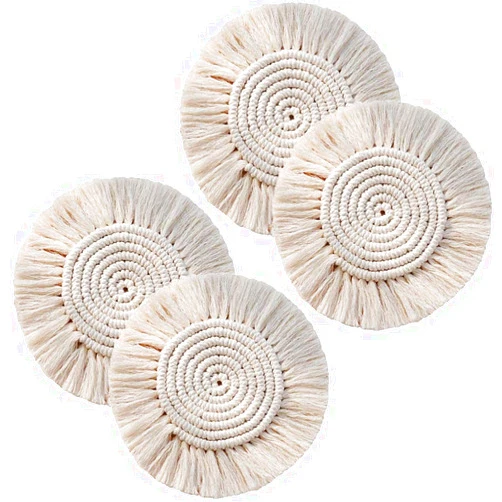 Geobom Handmade Macrame Coasters, Round Absorbent Coasters for Drinks, Heat & Water Resistant Reusable Durable Saucers for Cups Mugs Glasses Drink Coasters Gift for Housewarming(Beige, 4 pcs)