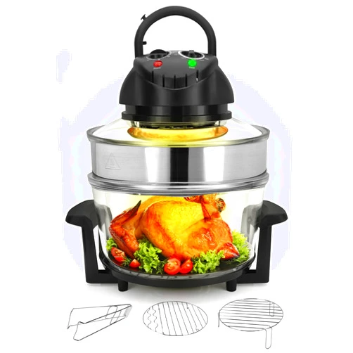 Nutrichef Convection Countertop Toaster Oven - Healthy Kitchen Glass Air Fryer Roaster Oven, Bake, Grill, Steam Broil, & Roast - Includes Glass Bowl, Broil Rack, & Toasting Rack - 18 Quart Capacity