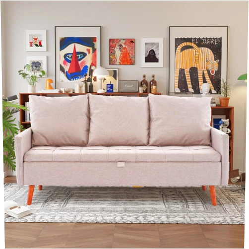 Orweiin 60 inch Loveseat Sofa,Mid-Century Modern Iron Frame Cushion Frame Couch with Storage,Small Futon Sofa for Living Room,Loveseat Sleeper for Bedroom,Light Brown