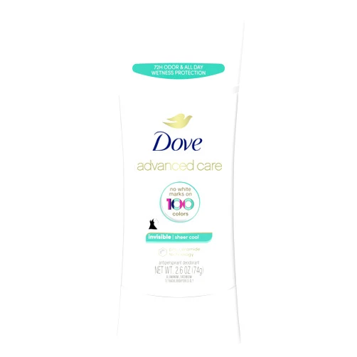 Dove Advanced Care Antiperspirant Deodorant Stick Sheer Cool Anti-stain antiperspirant deodorant for soft underarms All-day sweat and 72-hour odor protection 2.6 oz