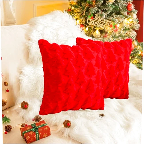 ZAJIO Red Christmas Tree Embroidered Plush Pillowcase 18x18 Inch Christmas Decoration Pillowcase Sofa Living Room Square Cushion Cover, 2Pcs