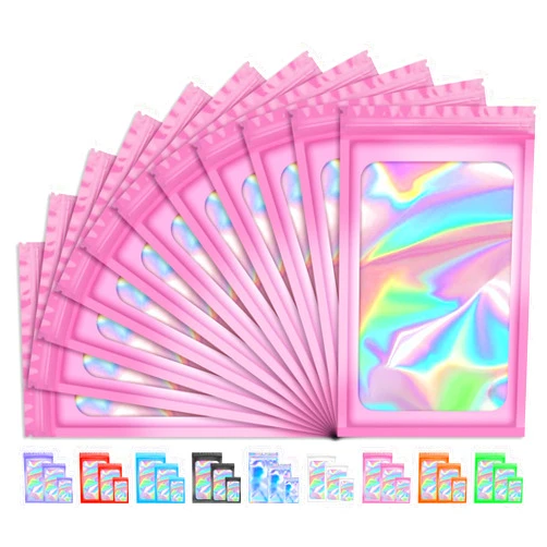 TIFICAL 100 PCS Smell Proof Bag, Packaging Bags, Holographic Mylar Bags, Foil Resealable Bags for Small Business Candy Jewelry Bracelet Party Favor Food Storage Sample Supplies (2.4×3.9 Inch, Pink)