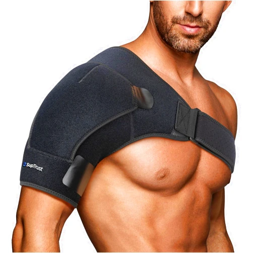 Suptrust Recovery Shoulder Brace for Men and Women, Shoulder Stability Support Brace, Adjustable Fit Sleeve Wrap, Relief for Shoulder Injuries and Tendonitis, One Size Regular, Dark Black