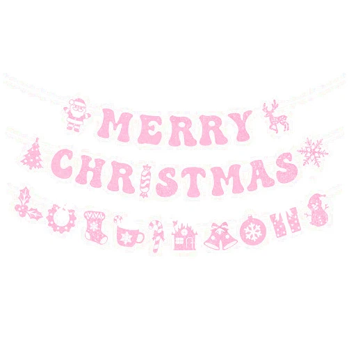 JKQ Pink Glittery Merry Christmas Banner with Xmas Tree Santa Snowman Reindeer Signs Pink Christmas Winter Holiday Birthday Party Decorations for Home Wall Fireplace Party Supplies