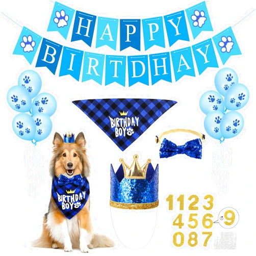 Selemoy Dog Birthday Party Supplies, Birthday Hat Bandana Scarf with Cute Dog Bow Tie, Flag, Balloons for Small Medium Dogs Pets, Doggie Birthday Party Supplies Decorations