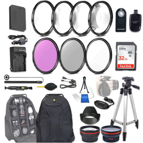 33rd Street 58mm 28 Pc Accessory Kit for Canon EOS Rebel SL1, 100D DSLR with 0.43x Wide Angle Lens, 2.2X Telephoto Lens, 32GB SD, Filter & Macro Kits, Backpack Case, and More