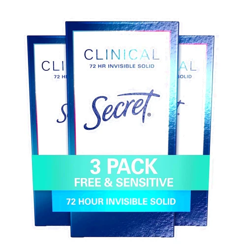 Secret Clinical Strength Antiperspirant Deodorant for Women, Free & Sensitive, 3X Stress Protection, 72hr Sweat & Odor Protection, PH Balancing Minerals, Invisible Solid, Unscented, 1.6 oz (Pack of 3)