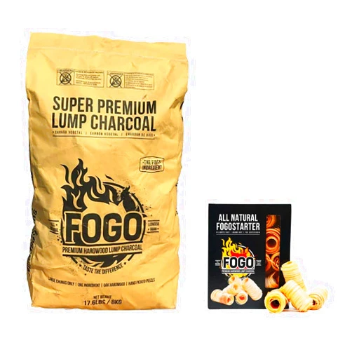FOGO Super Premium Hardwood Lump Charcoal, Natural Large Sized Lump Charcoal, 17.6 Pound Bag and FOGO Fogostarters Natural Fire Starters, 30 Count Box, Bundle