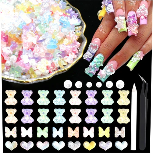 RODAKY 660Pcs 3D Bear Nail Charms and Flatback Pearls,Mix Cute Aurora Heart Bow Nail Charms for Acrylic Nail Supplies Design,White Half Pearls for Nail Jewelry DIY Crafts Nail Art Decoration Accessories