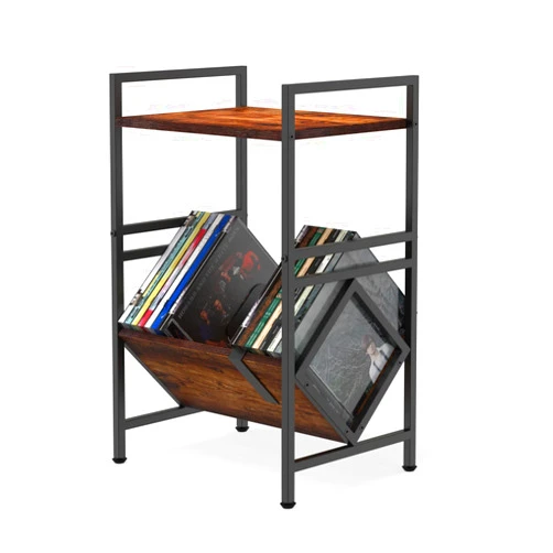 DHville Record Player Stand with CD & DVD Album Storage Racks, 2-Tier End Table Record Player Holder, Vintage Housing Sytle, Wood & Metal Assembly