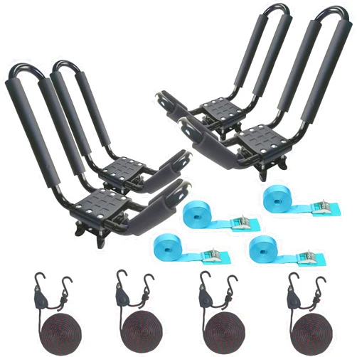 Mrhardware 2 Pairs Heavy Duty Kayak Rack-Includes 4 Pcs Ratchet Tie-Mount on Car Roof Top Crossbar-Easy to Carry Kayak Canoe Boat Surf Ski (J-Bar Rack)