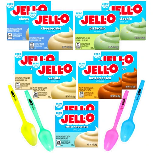 SUPOOBE Jell-O Zero Sugar Instant Pudding & Pie Filling Mix, 5 Flavor Variety, 2 of each Flavor with By The Cup Mood Spoons
