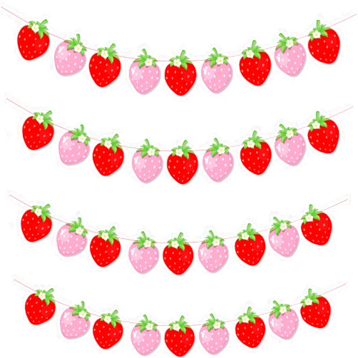 OMYOPY 4 Pack Strawberry Hanging Banner Berry First Birthday Decor, Berry Garland Summer Strawberry Decorations for Baby Shower Party Favors(Red, Pink)