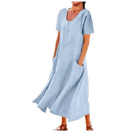 Generic Swing Dresses for Women 2024 Summer Casual Short Sleeve Cotton Linen Dress Loose Ruffle Flowy Maxi Dress with Pockets