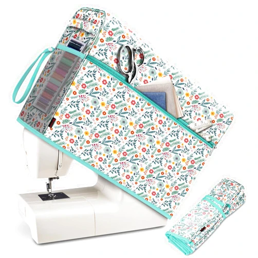 FINPAC Sewing Machine Dust Cover, Protective Cover with Side Handle and Sewing Essentials Pockets Compatible with Standard Singer, Brother and Janome Machines, Spring Bloom