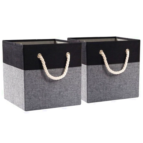 PRANDOM Large Foldable Cube Storage Bins 13x13 inch [2-Pack] Fabric Linen Storage Baskets Cubes Drawer with Cotton Handles Organizer for Shelves Nursery Closet Bedroom Black