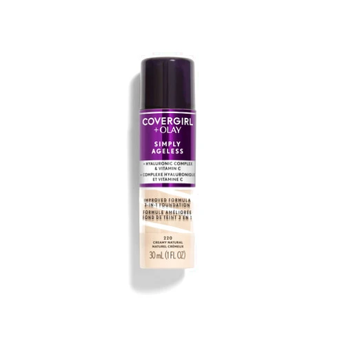 CoverGirl & Olay Simply Ageless 3-in-1 Liquid Foundation, Matte Finish, Hyaluronic & Vitamin C Formula, Cruelty Free, Creamy Natural, 1 Count
