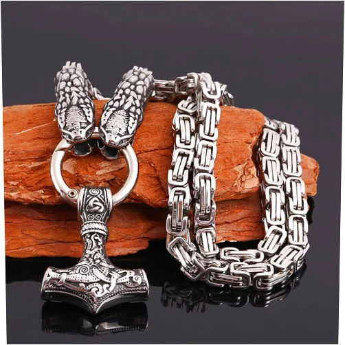 WDBAYXH Men's Gothic Punk Ouroboros Thor's Hammer Pendant Necklace, Viking Double Snake Mjolnir Amulet, Biker Stainless Steel Byzantine King Chain, Celtic Pagan Jewelry