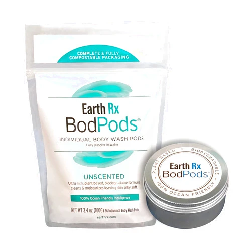 Earth Rx Unscented BodPods, Moisturizing Body Wash Plant-Based, Biodegradable, Compostable Packaging (1 Pack Unscented with Tin)
