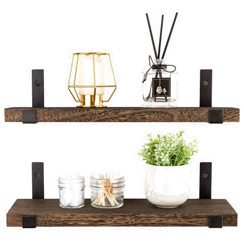 Mkono Rustic Wood Floating Shelves Wall Mounted Shelving Set of 2 Decorative Wall Storage Shelves with Lip Brackets for Bedroom, Living Room, Bathroom, Kitchen, Hallway, Office