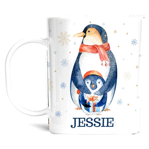 Foxy Mug Personalized Christmas Cup with Kids Name Cute Penguin Mom and Baby Unbreakable Child's Mug | Dishwasher Safe | BPA and Melamine Free