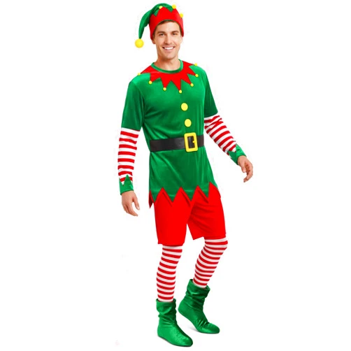 Hillban Men’s Christmas Elf Costume Adult Elf Costume Christmas Santa Helper Cosplay Suit with Hat Striped Socks