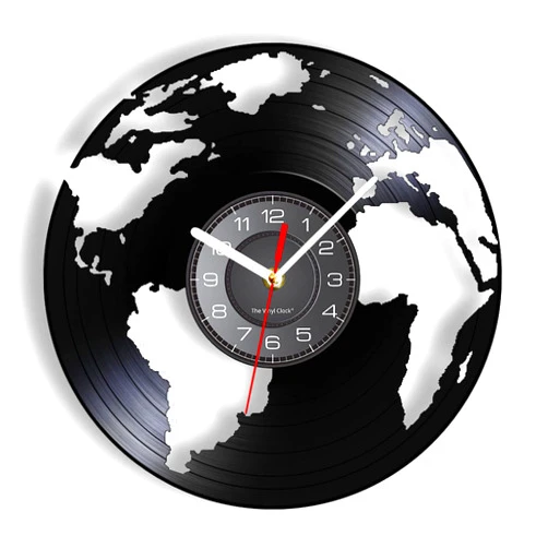 OTKU Vinyl Record Clock 3D Globe Earth World Vinyl LP Record Wall Clock Living Green Homeland Terre Map Geography Art Home Decor Disk Crafts Silent Watch for Room Decoration