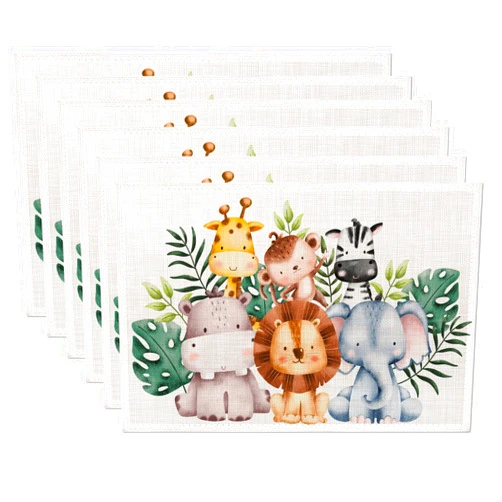 ZIHONSE Cute Animals Placemats,Lion Elephant Giraffe Cartoon Table Mats Set of 6,12x18 Inch,Waterproof Oil-Proof Washable and reusable Linen placemats Holiday Party Kitchen Table Decorations
