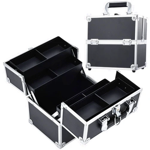 Frenessa Makeup Train Case Cosmetic Organizer Case Professional Makeup Storage Box 4 Trays with Divider Lockable Travel Case Portable Travel Makeup Box for Makeup Artist, Carfter, Cosmetics Black