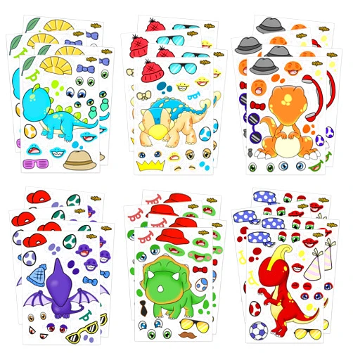 PartyNow Dinosaur Stickers | 24-Pack Make Your Own Stickers | Fun Dinosaur Sticker Sheets for Kids | DIY Kids Stickers with Changeable Faces | Cute Party Favors for Kids | Waterproof (6 Dinosaurs)