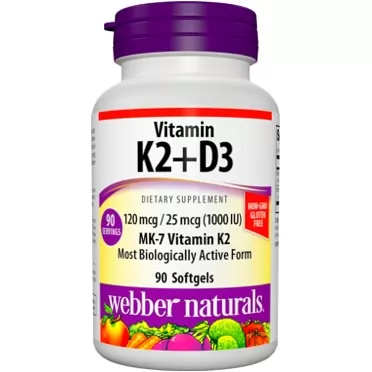 Webber Naturals Vitamin K2 MK-7 (120 mcg) with Vitamin D3 (1,000 IU), 90 Softgels, Supports Bones, Teeth, and Cardiovascular System, Vitamin Supplement, Gluten Free and Non-GMO