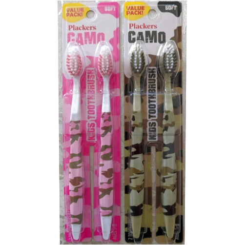 RANIR, LLC, Plackers CAMO Toothbrushes for Children 5 to 8 years - 2 Pink Camouflage, and 2 Green Camouflage Soft Bristle Brushes Provide Gentle, Effective Cleaning - 4 count