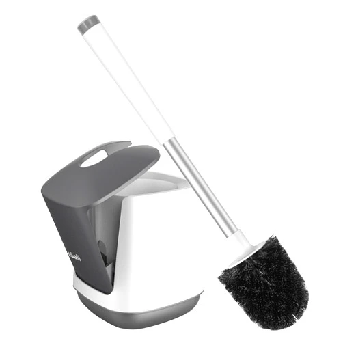 SetSail Toilet Brush and Holder, Self Closing Lid Toilet Bowl Brushes Holder and Extra Long Handle Ventilated Toilet Brush Set for Bathroom Cleaning, Nylon Bristles, White & Grey