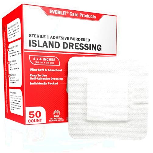 EVERLIT Island Dressing Bordered Gauze | Large Wound Care Bandage with Adhesive Border| Sterile, Soft & Highly Absorbent Medical Grade Dressing Pad (4x4 Inch (Pack of 50))