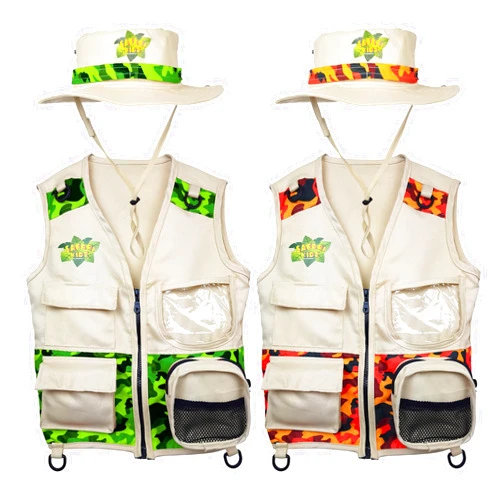 Kidz@Play Safari Kidz Outdoor Explorer Kit - Camouflage Cargo Vest and Hat Bundle, Backyard Nature Adventures, Boys and Girls (4 items)