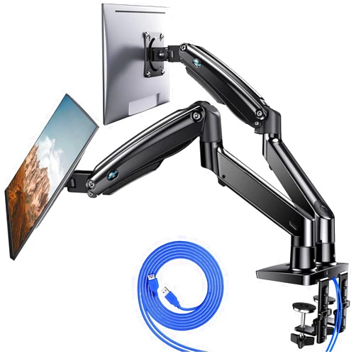 HUANUO Dual Monitor Stand for 13 to 40 inch, Premium Dual Monitor Mount with USB, Height Adjustable Monitor Stand for 2 Monitors, VESA Mount with Clamp/Grommet Base, Each Arm Hold up to 26.4lbs, HNDS7