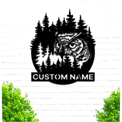 Gaomiz Owl Metal Sign Custom, Personalized Forest Scene Owl Face Sign, Customized Owl Name Sign Monogram, Farmhouse Cabin Decoration, Owl Lovers Bedroom Living Room Decor, Night Hunter Man Cave Decor