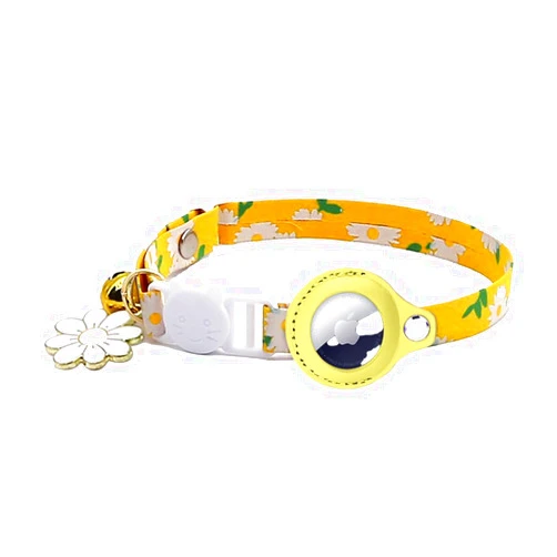 Starmay Floral Print AirTag Cat Collar - Safety Breakaway, Bell & Daisy Charm, Easy Install (AirTag Not Included) (Yellow)