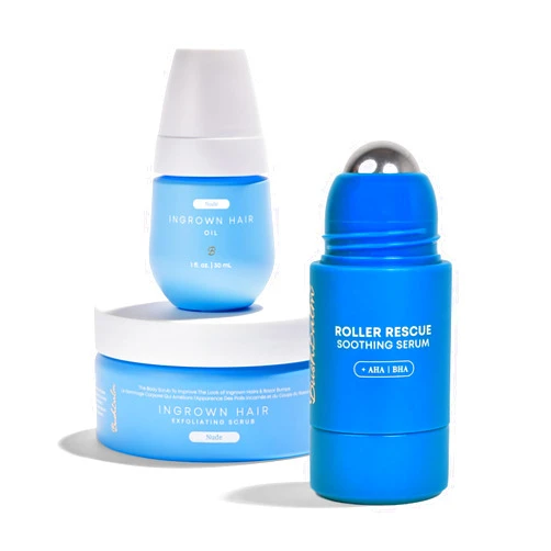 Bushbalm Ingrown Hair Routine - Roller Rescue, Nude Oil and Nude Scrub Bundle - AHA & BHA - Exfoliating, Soothing, Cooling for Intimate Areas, Underarms - Helps With Razor Bumps, Ultimate(Trio Bundle)
