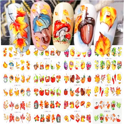 BSBTBZ 12Pcs Maple Leaf Nail Stickers Fall Nail Art Water Decals Chili Mushroom Sunflower Pumpkin Ladybug Pine Cones Design Sliders Transfer Foils Autumn for Women Nails Thanksgiving Day Manicure Decorations