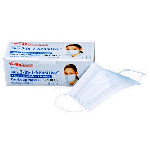 ValuMax 5630E-SB Ultra-3-In-1 Sensitive Disposable Earloop Face Masks, Cellulose Inner Layer, High Filtration, Sky Blue, Box of 50