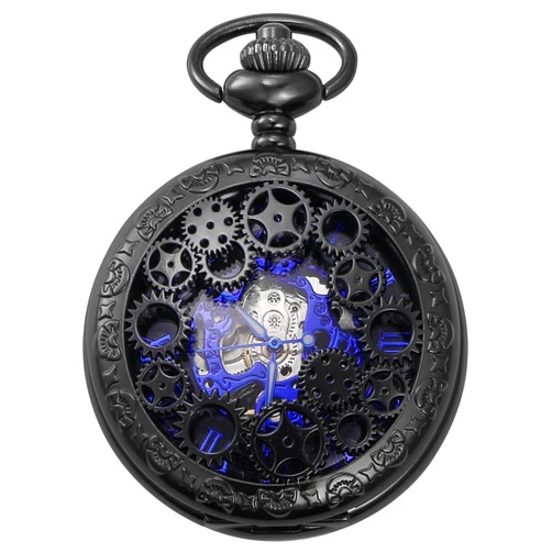 AMPM24 Mechanical Pocket Watch Skeleton Black Alloy Case WPK219
