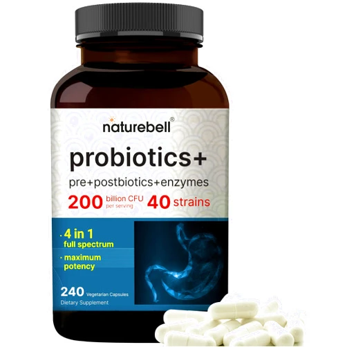 NatureBell Probiotics 200 Billion CFU Per Serving | 240 Veggie Capsules with Synbiotic Blend of Digestive Enzymes, Prebiotics, & Postbiotics – 40 Strains – Full-Spectrum Gut Health & Bloating Support