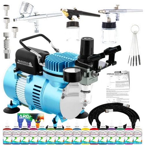 Master Airbrush Cool Runner II Airbrush Kit with Dual Fan Air Compressor, 16 Color Water-Based Face & Body Art Paint Set, 3 Airbrushes, Cleaning Brushes & Washable Temporary Tattoo, How-to Guide