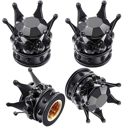 Vvag 4PCS Crown Bling Tire Valve Caps Rhinestone Crystal Car Valve Stem Caps with Brass Core Universal Chrome Dustproof Replacement Tire Valve Cap for Car Truck Bikes Motorcycles (Black)