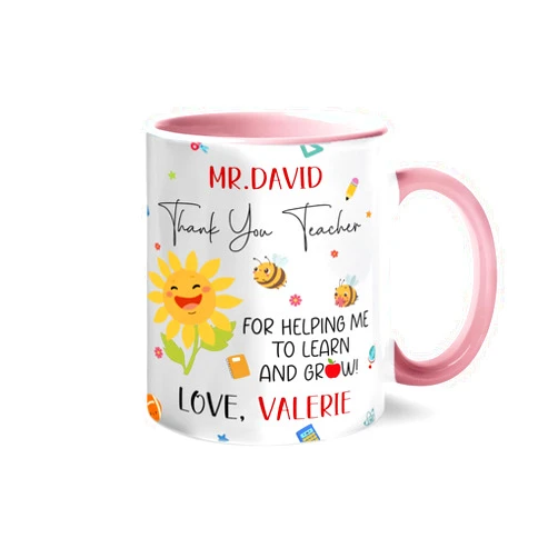 Ciciron Personalized Name Teacher Coffee Cup, Thank You Teacher For Helping Me To Learn And Grow Mug Gift, Customized Teacher Teaching Accent Coffee Mug 11 Oz, Unique White Mug Gift For Appreciation Teacher