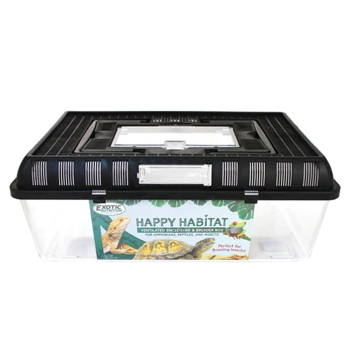 Exotic Nutrition Happy Habitat (Large) - Ventilated Enclosure & Breeder Box - for Live Feeder Insects, Reptiles, Amphibians & Other Small Pets - Durable Plastic Portable Terrarium