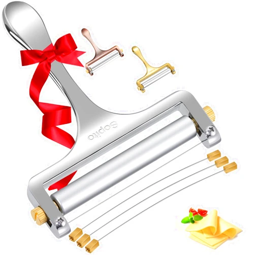 Sopito Cheese Slicer Stainless Steel Wire Cheese Slicer With 3 Extra Wires Great for Cheddar, Gruyere, Raclette, Mozzarella Cheese Block, Adjustable Thickness - Wire Cheese Slicer, Christmas Gift