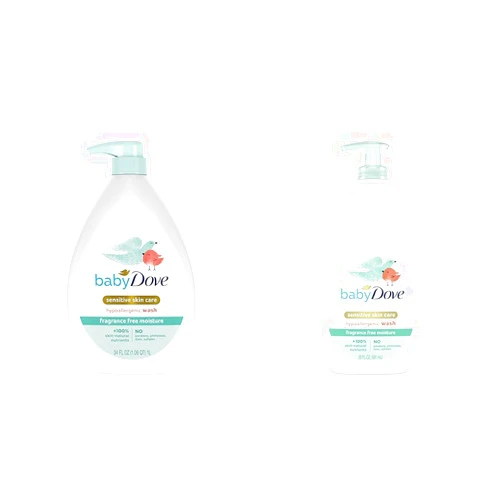 Baby Dove Sensitive Skin Care Baby Wash Bundle with Fragrance Free Moisture Hypoallergenic Formulas for Bath Time, Includes 34 oz and 20 oz Bottles