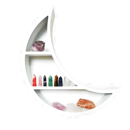 Kirpi Crescent Moon Shelf for Crystals, White Floating Moon Shelf Hanging, Wall Art Floating Shelves for Bathroom, Boho Decorative Hanging Moon Shelves,17''x 15''x 3'' (White Style 2)
